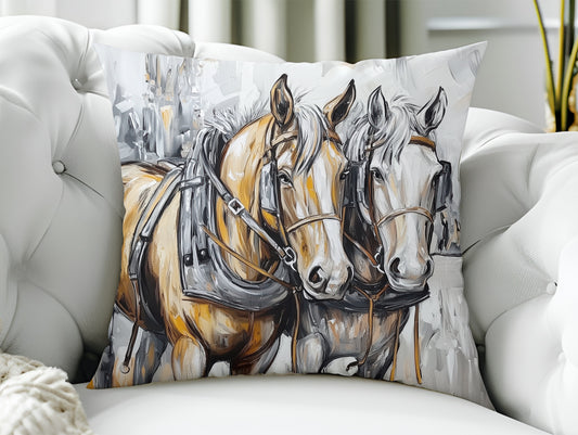 Throw Pillow - Two Harnessed Horses - Rustic Equestrian Decor Accent