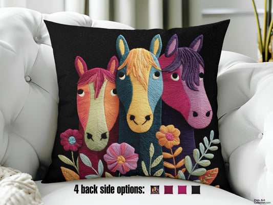 Throw Pillow - Colorful Three Horses and flowers - Boho Decor