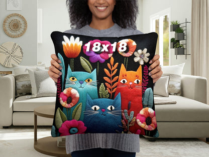 Throw Pillow - Colorful Cats and Flowers - Boho decor