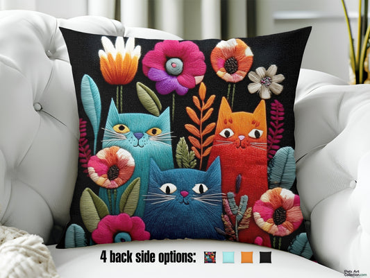 Throw Pillow - Colorful Cats and Flowers - Boho decor