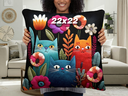 Throw Pillow - Colorful Cats and Flowers - Boho decor