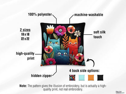 Throw Pillow - Colorful Cats and Flowers - Boho decor