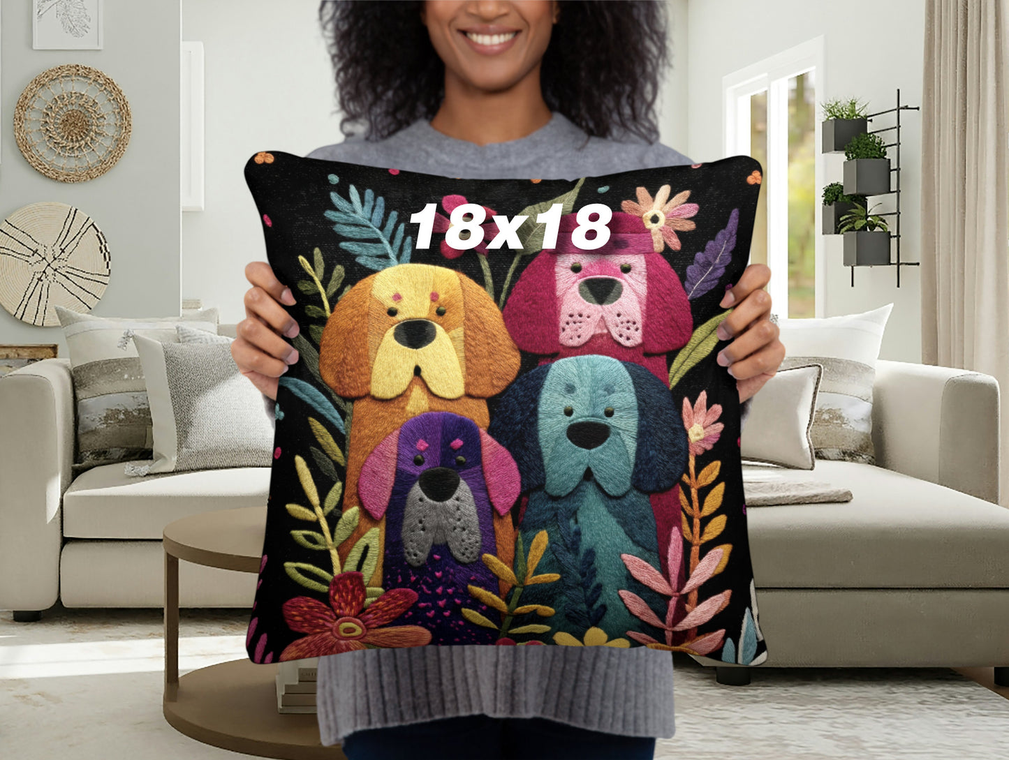 Throw Pillow - Colorful Tibetan Mastiff Dogs and Blooming flowers Design - Boho Decor