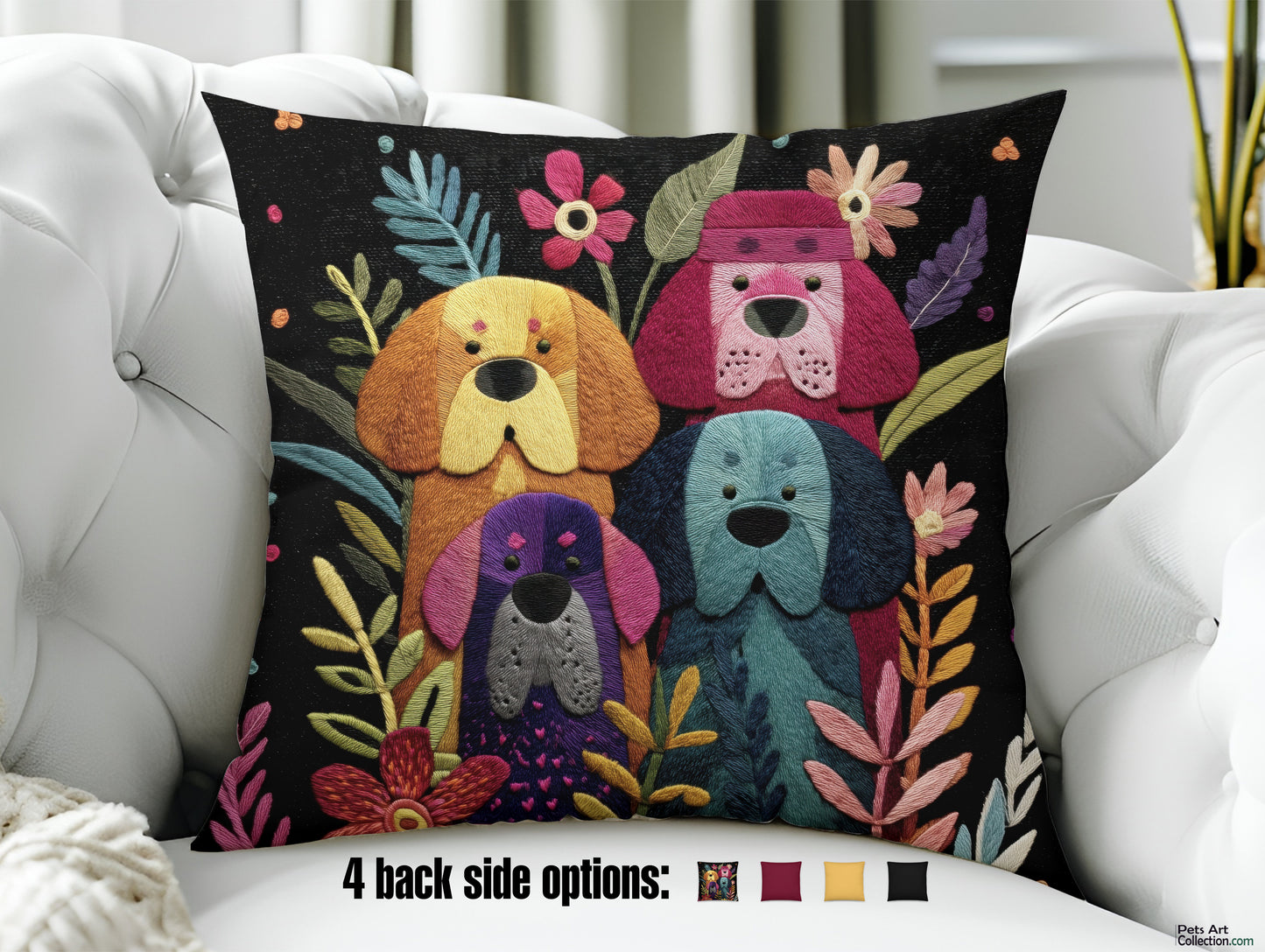 Throw Pillow - Colorful Tibetan Mastiff Dogs and Blooming flowers Design - Boho Decor