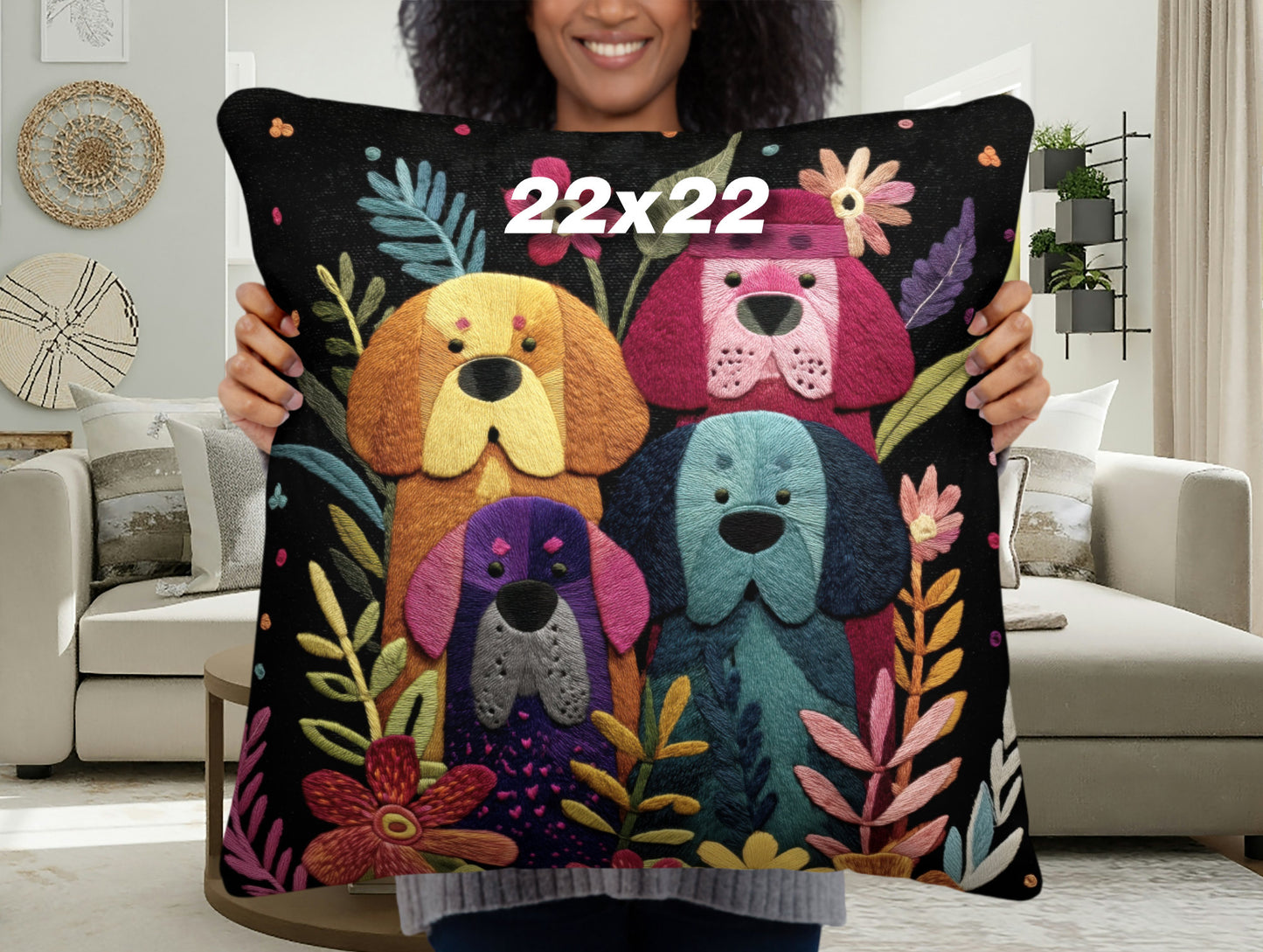 Throw Pillow - Colorful Tibetan Mastiff Dogs and Blooming flowers Design - Boho Decor