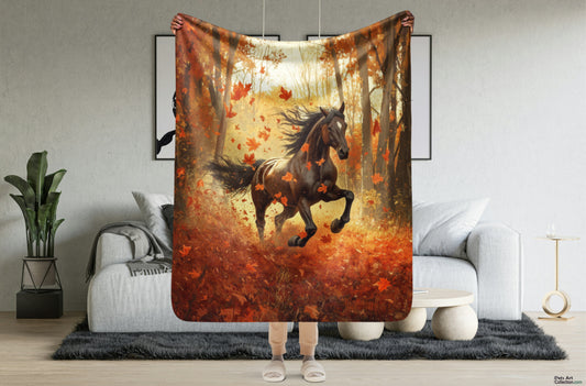 Blanket Black Horse Galloping - Autumn foliage colors