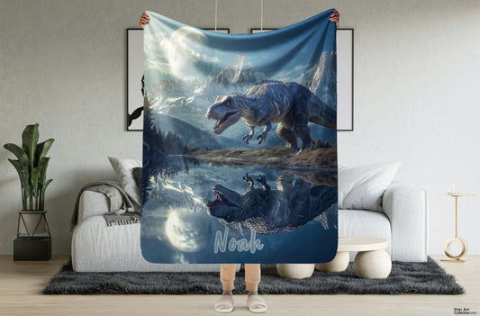 Personalized Throw Blanket - TRex Dinosaur illustration in Fantasy Mountain lake