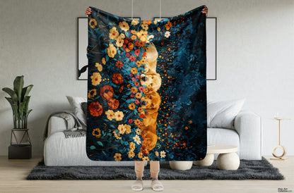 Golden Retrievers Cuddling amidst a field of Flowers | Throw Blanket - Sherpa Blanket | Dog Art