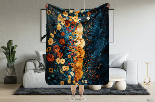Golden Retrievers Cuddling amidst a field of Flowers | Throw Blanket - Sherpa Blanket | Dog Art
