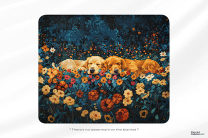Golden Retrievers Cuddling amidst a field of Flowers | Throw Blanket - Sherpa Blanket | Dog Art