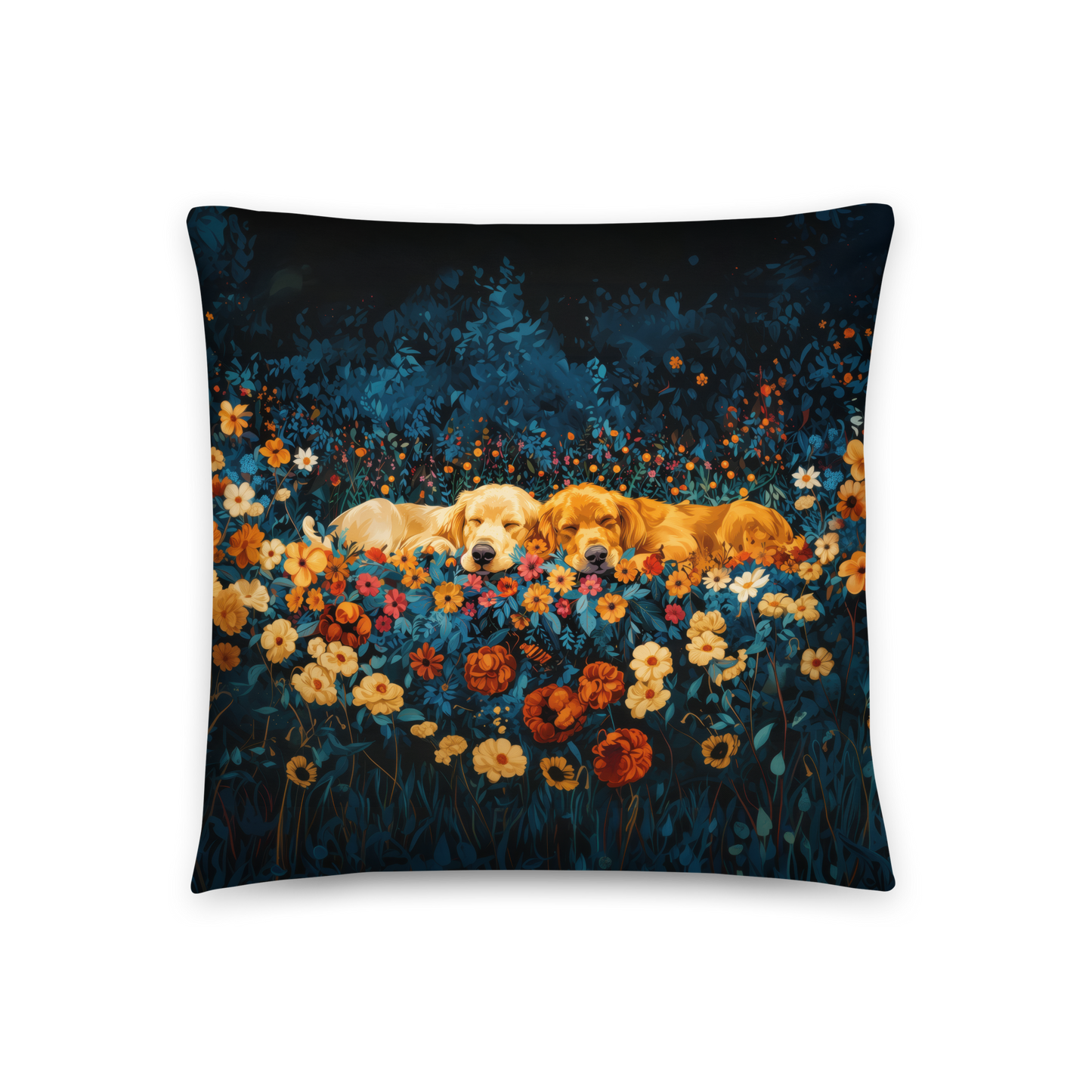 Throw Pillow - Golden Retrievers Cuddling amidst a field of flowers