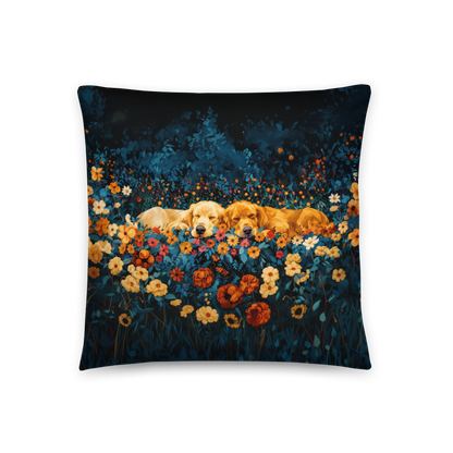 Throw Pillow - Golden Retrievers Cuddling amidst a field of flowers