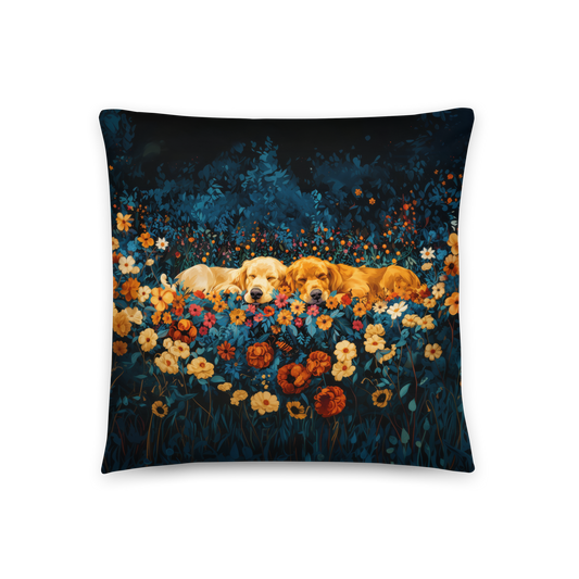 Throw Pillow - Golden Retrievers Cuddling amidst a field of flowers