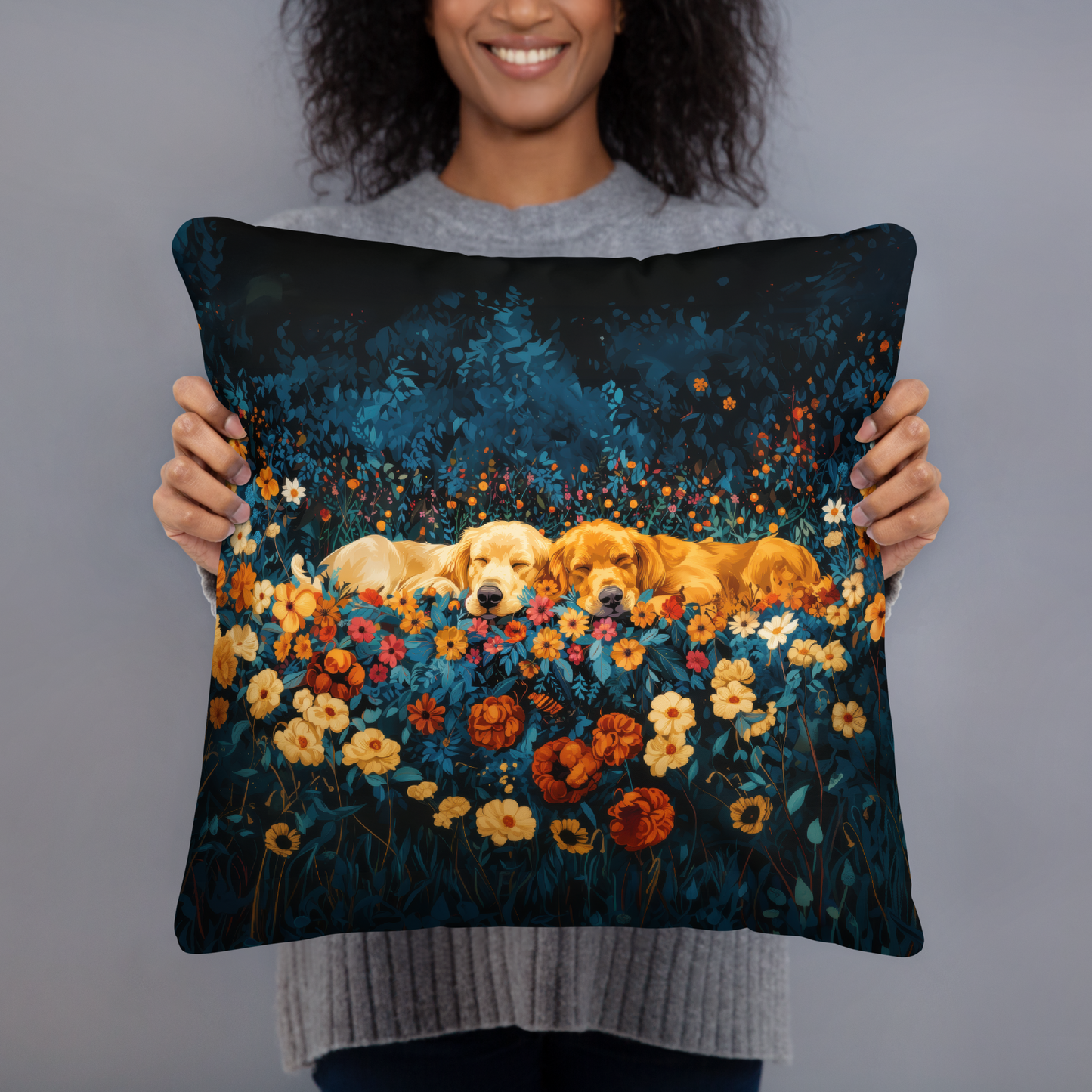 Throw Pillow - Golden Retrievers Cuddling amidst a field of flowers