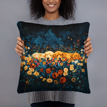 Throw Pillow - Golden Retrievers Cuddling amidst a field of flowers