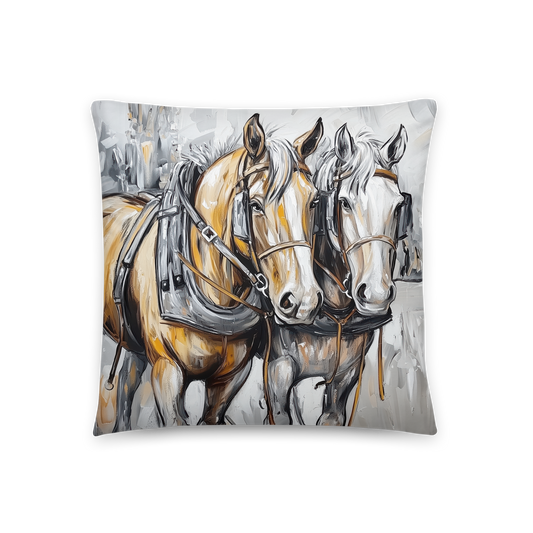 Throw Pillow - Two Harnessed Horses - Rustic Equestrian Decor Accent