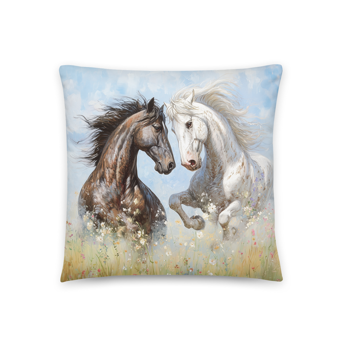 Throw Pillow - Two majestic horses in a soft wildflower meadow