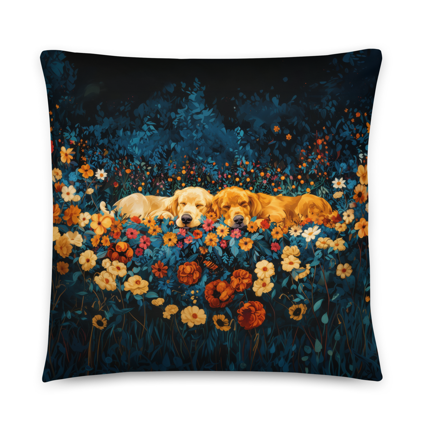 Throw Pillow - Golden Retrievers Cuddling amidst a field of flowers
