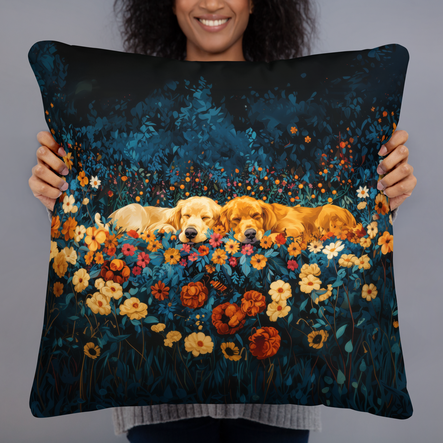 Throw Pillow - Golden Retrievers Cuddling amidst a field of flowers