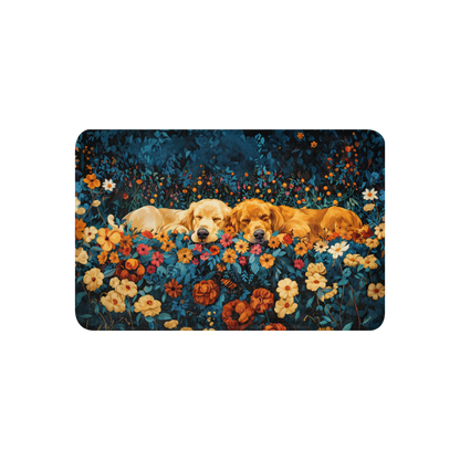 Golden Retrievers Cuddling amidst a field of Flowers | Throw Blanket - Sherpa Blanket | Dog Art