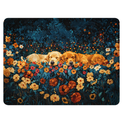 Golden Retrievers Cuddling amidst a field of Flowers | Throw Blanket - Sherpa Blanket | Dog Art